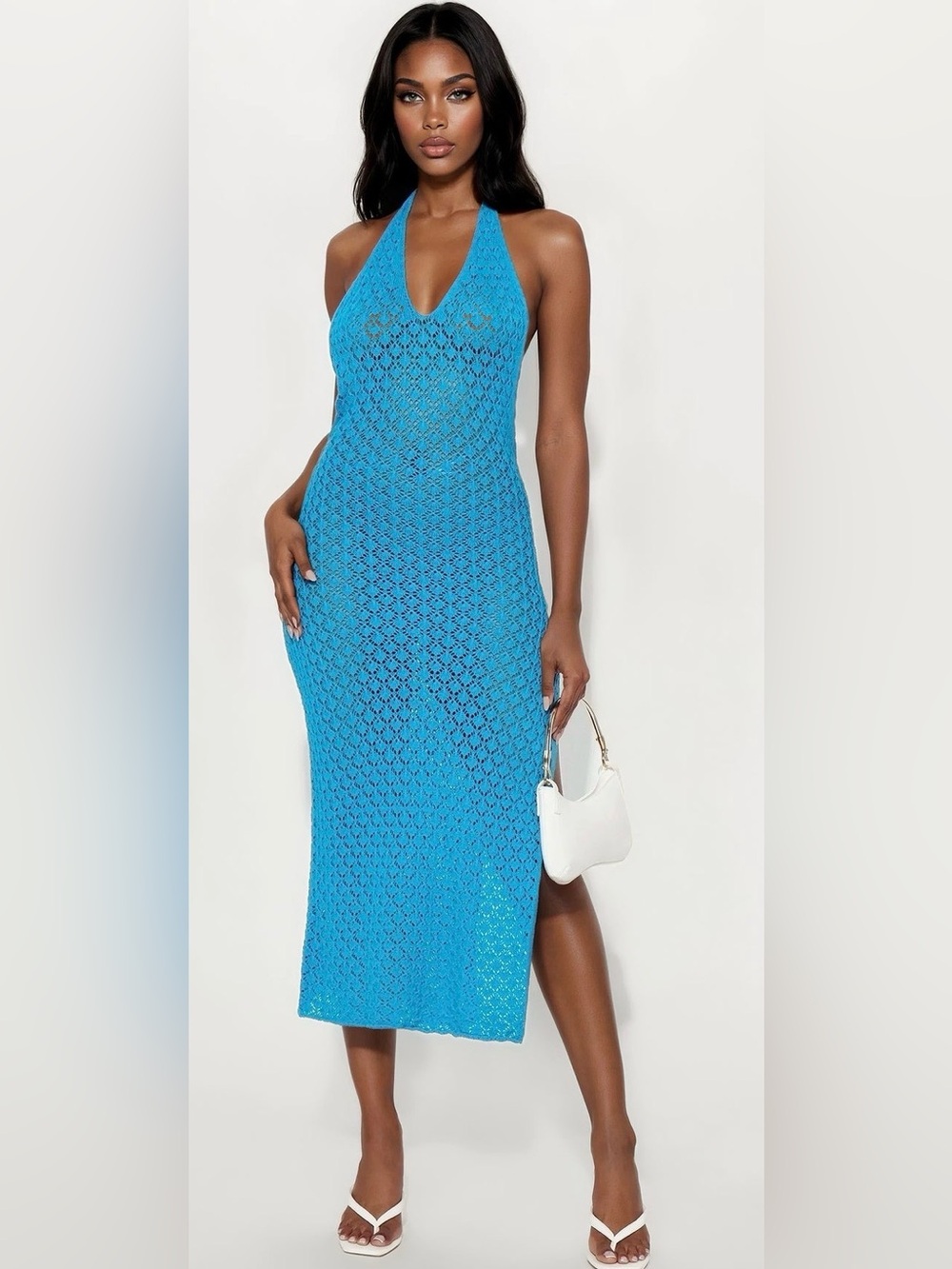 Fashion Nova Turquoise Crochet Halter Maxi Dress-XL NWT🩵
